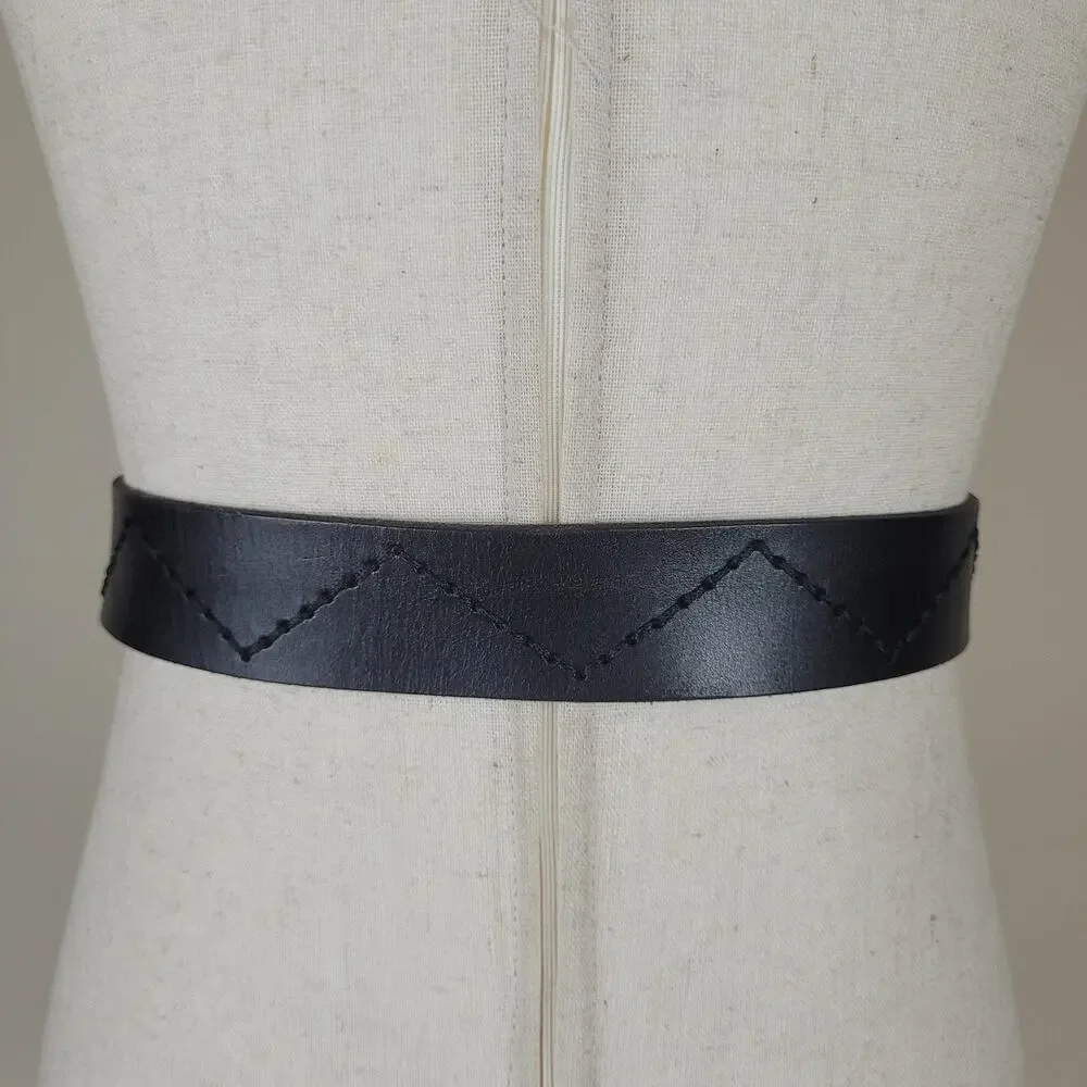 Black Leather Belt XL Oval Buckle Zig Zag Stitch Rustic Utility Utilitarian Boho